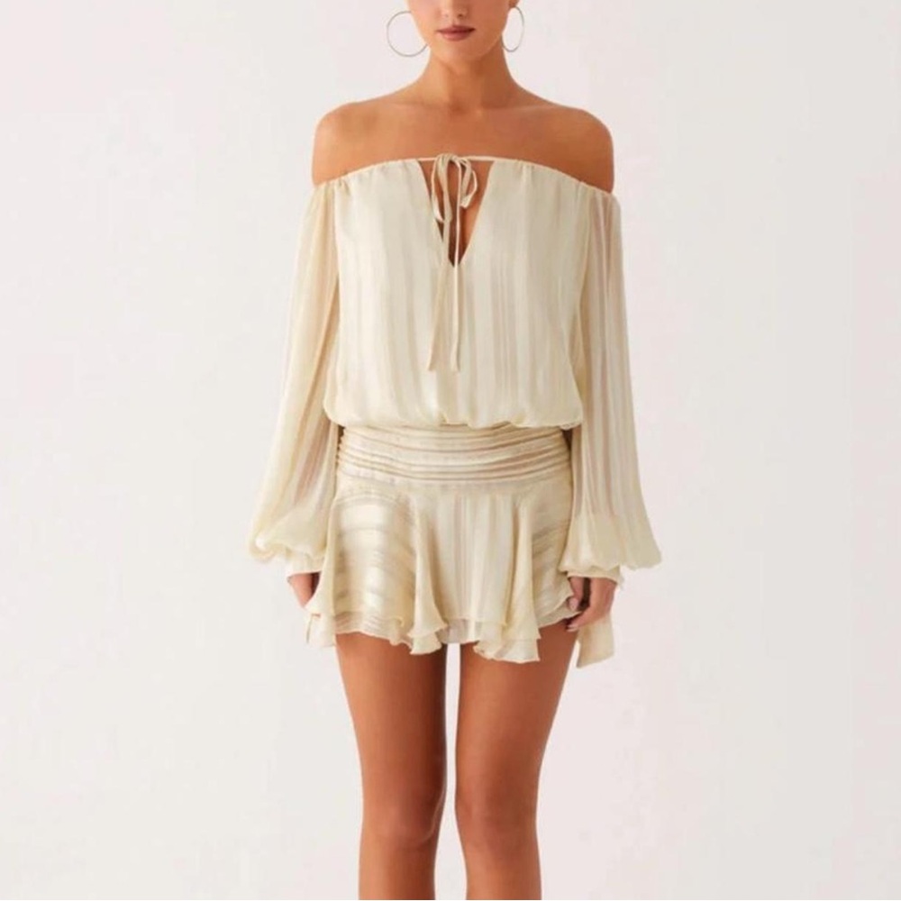 Peppermayo Eira Balloon Sleeve Mini Dress Cream Off-Shoulder Dress